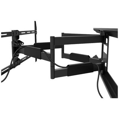 Un support TV noir et pivotant avec un système de gestion des câbles, monté au mur. Idéal pour un positionnement d'écran flexible.