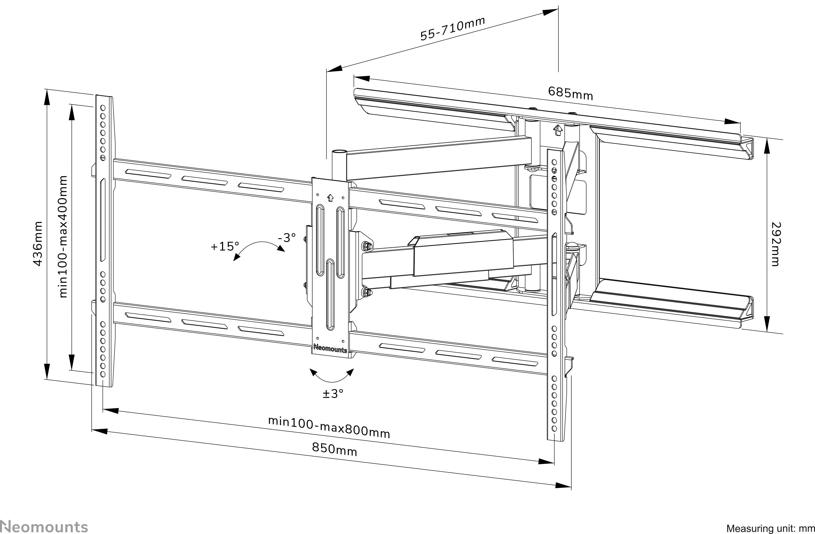 Support mural pour téléviseur, réglable. Dimensions : 685 mm de largeur, 292 mm de hauteur, profondeur ajustable de 55-710 mm. Inclinaison +15°/-3°, rotation 3°.