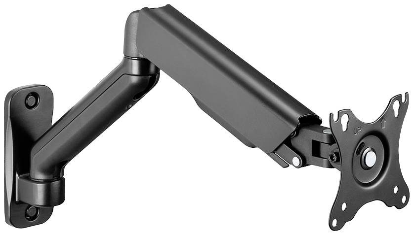 Support de moniteur noir pivotant avec plaque de montage VESA, fixé au mur. Bras ajustable pour un positionnement flexible.