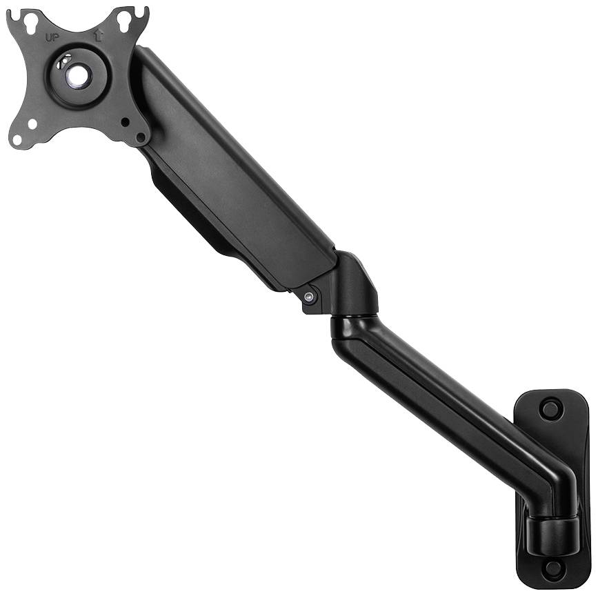 Un bras de moniteur noir et ajustable pour montage mural, conçu pour un positionnement ergonomique des écrans, présenté sans moniteur.