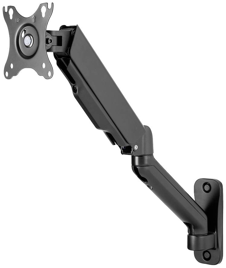 Support mural noir pour moniteur, réglable et compatible avec différentes tailles d'écran.