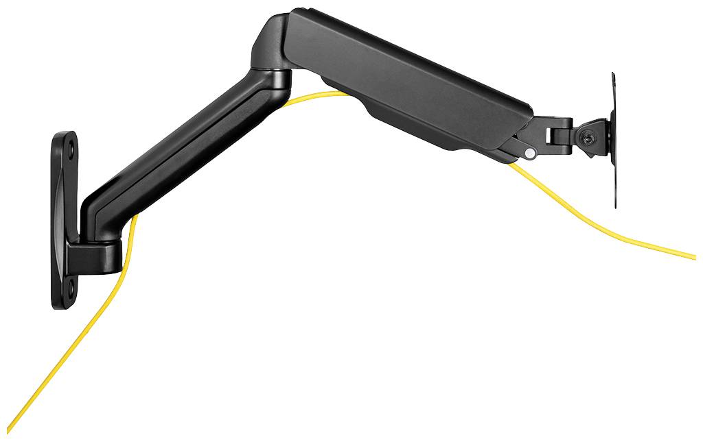 Bras de support mural noir et orientable pour écran, équipé d'un câble jaune.