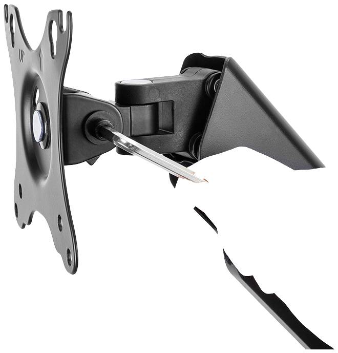 Un bras de moniteur noir et ajustable avec option de montage, adapté à différentes tailles d'écran, représenté de côté.