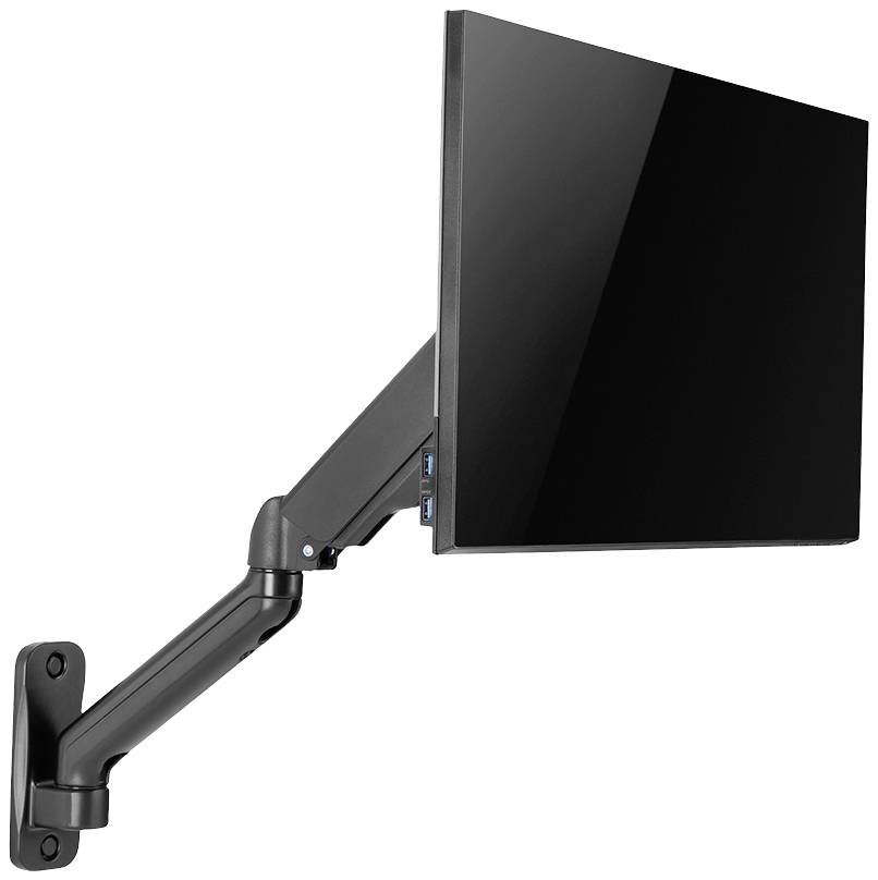 Un moniteur noir est monté sur un bras mural ajustable qui économise de l'espace et offre une grande flexibilité de réglage.