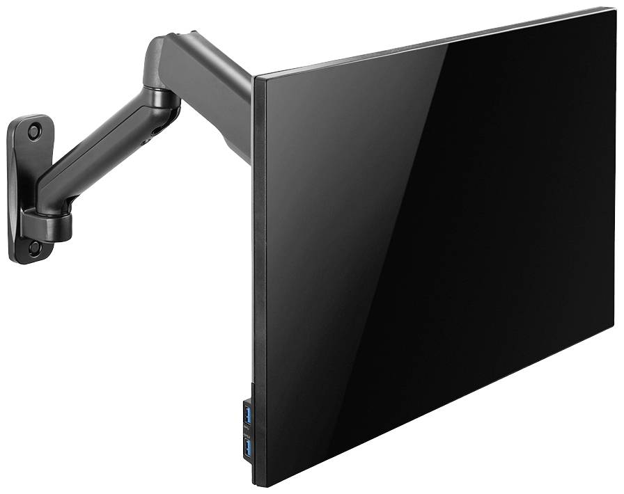 Un écran plat est monté sur un bras mural réglable. Le bras permet un positionnement flexible.