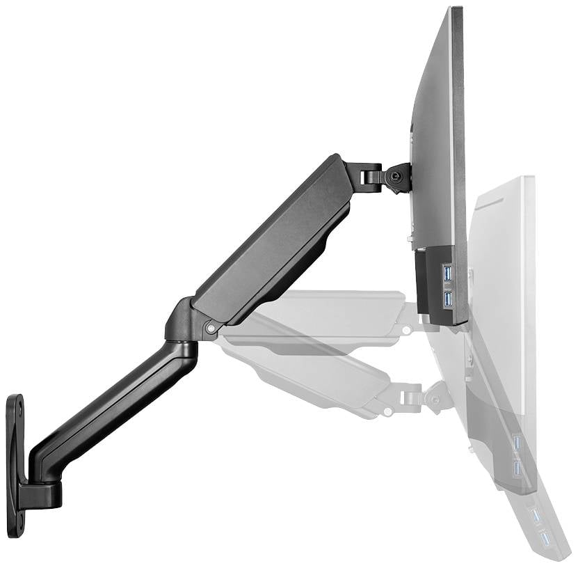 Un bras de moniteur ajustable montre différentes positions de hauteur d'un écran. Il est fixé à un support mural.