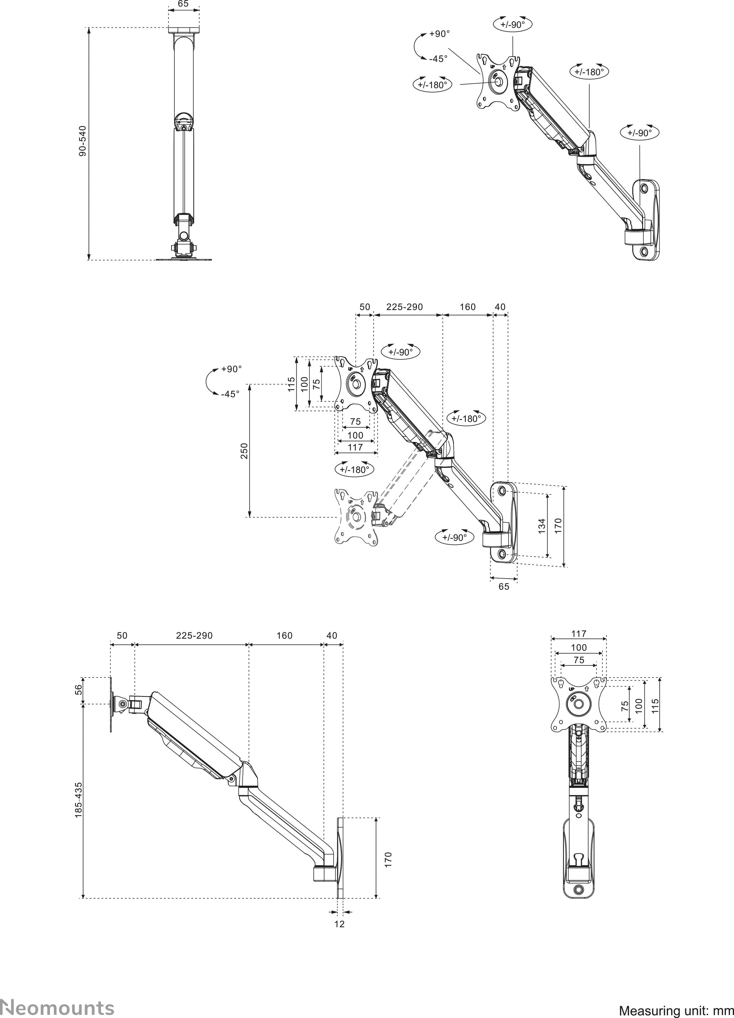 Dessin technique détaillé d'un bras de moniteur avec des dimensions en millimètres, montrant les possibilités de réglage et les angles de montage.