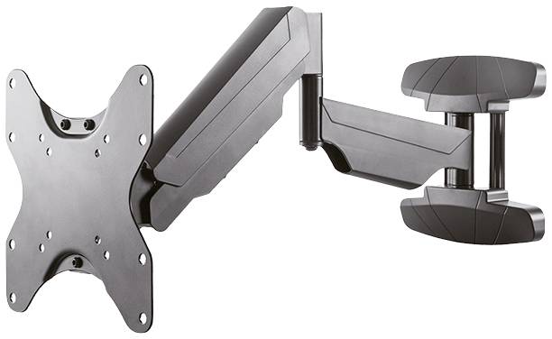 Un support mural de télévision en métal noir, réglable, avec bras articulés, adapté aux écrans plats.