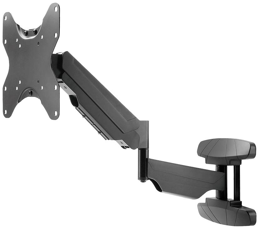 Un bras de moniteur noir à plusieurs articulations, adapté pour être fixé au mur afin de positionner un écran de manière flexible.