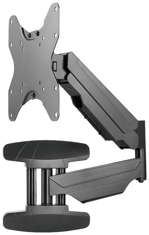 L'image montre un support mural noir et ajustable pour moniteurs ou téléviseurs. Il possède plusieurs articulations permettant une orientation flexible.