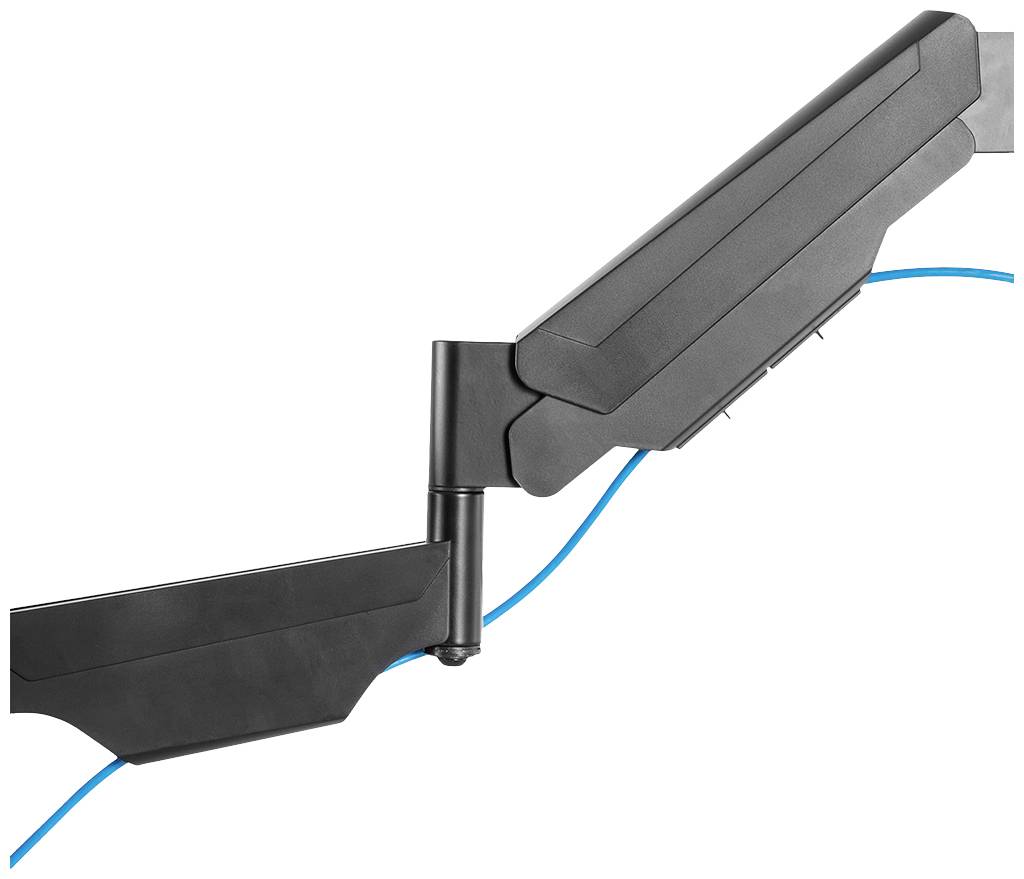 Une charnière noire moderne relie deux parties, avec une ligne bleue qui court en dessous.