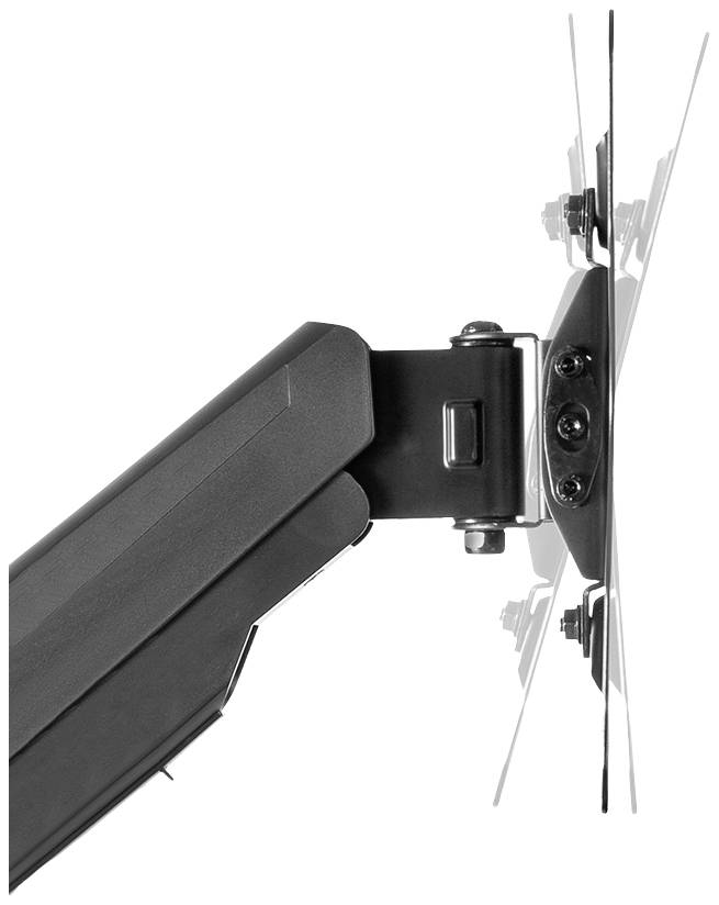 Un bras de moniteur noir en métal est fixé latéralement à une surface en verre. Le bras est pivotant et pointe vers la gauche.