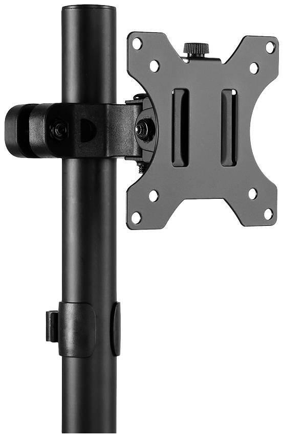 Support de moniteur ou d'écran en noir, avec des bras réglables et des vis de fixation pour un montage sur support.