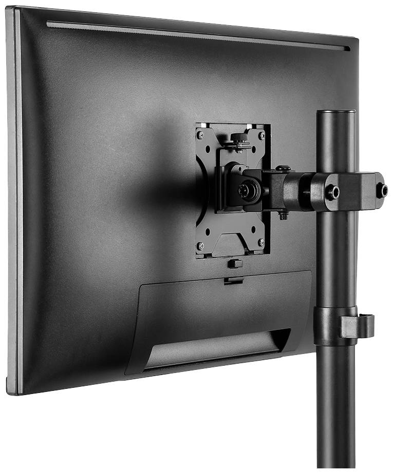 Un moniteur noir est fixé par l'arrière sur un bras pivotant réglable, lui-même monté sur un support vertical.