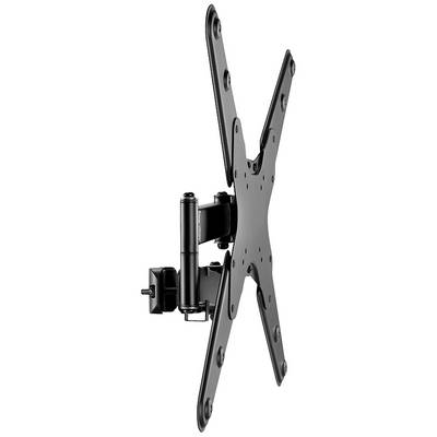 Support mural TV noir avec bras articulé, adapté aux téléviseurs à écran plat. Fixations de montage apparentes.