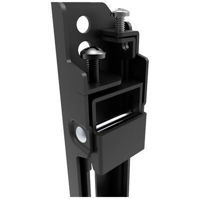 Gros plan d'un accessoire métallique noir avec des vis et un support utilisé pour la fixation sur des surfaces.