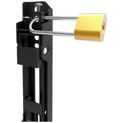 Un verrou métallique noir avec un cadenas jaune qui sécurise le verrouillage.