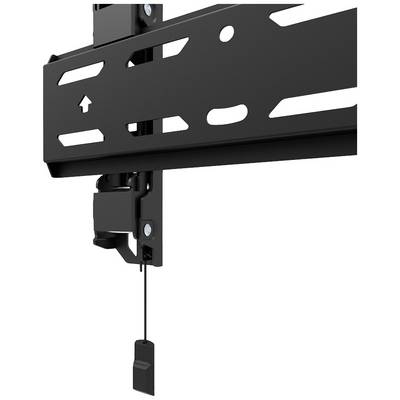 Un support mural noir pour écrans plats. Il présente une construction robuste avec divers évidements et une cordelette de traction en bas.