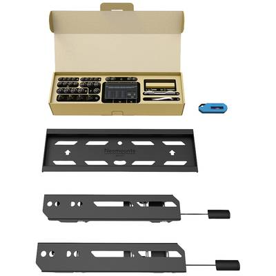 Kit de montage avec vis, supports et outils dans un emballage ouvert. Comprend un support mural noir et des pièces pour l'assemblage.