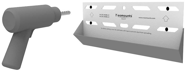 Perceuse sans fil avec foret et gabarit de montage avec des trous pour les vis à proximité. Instructions pour une installation de vis en toute sécurité.
