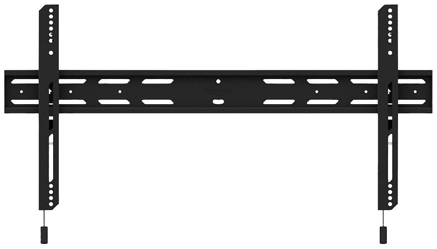 Support mural TV en métal noir et plat, adapté aux grands écrans, avec plusieurs trous de montage pour une fixation flexible.