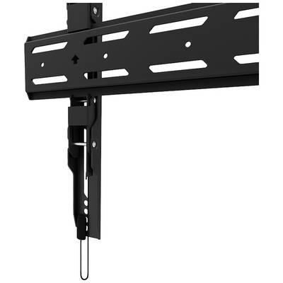 Un support mural noir pour téléviseur avec bras articulés et vis. Il présente un design métallique robuste pour une fixation sécurisée des écrans.