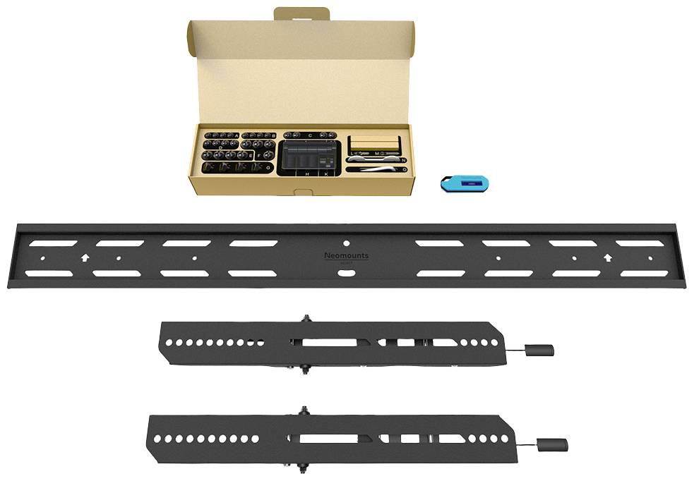Kit de support mural pour téléviseur comprenant des vis, des chevilles, un niveau à bulle et accessoires de montage dans un carton. Contient deux rails de fixation.