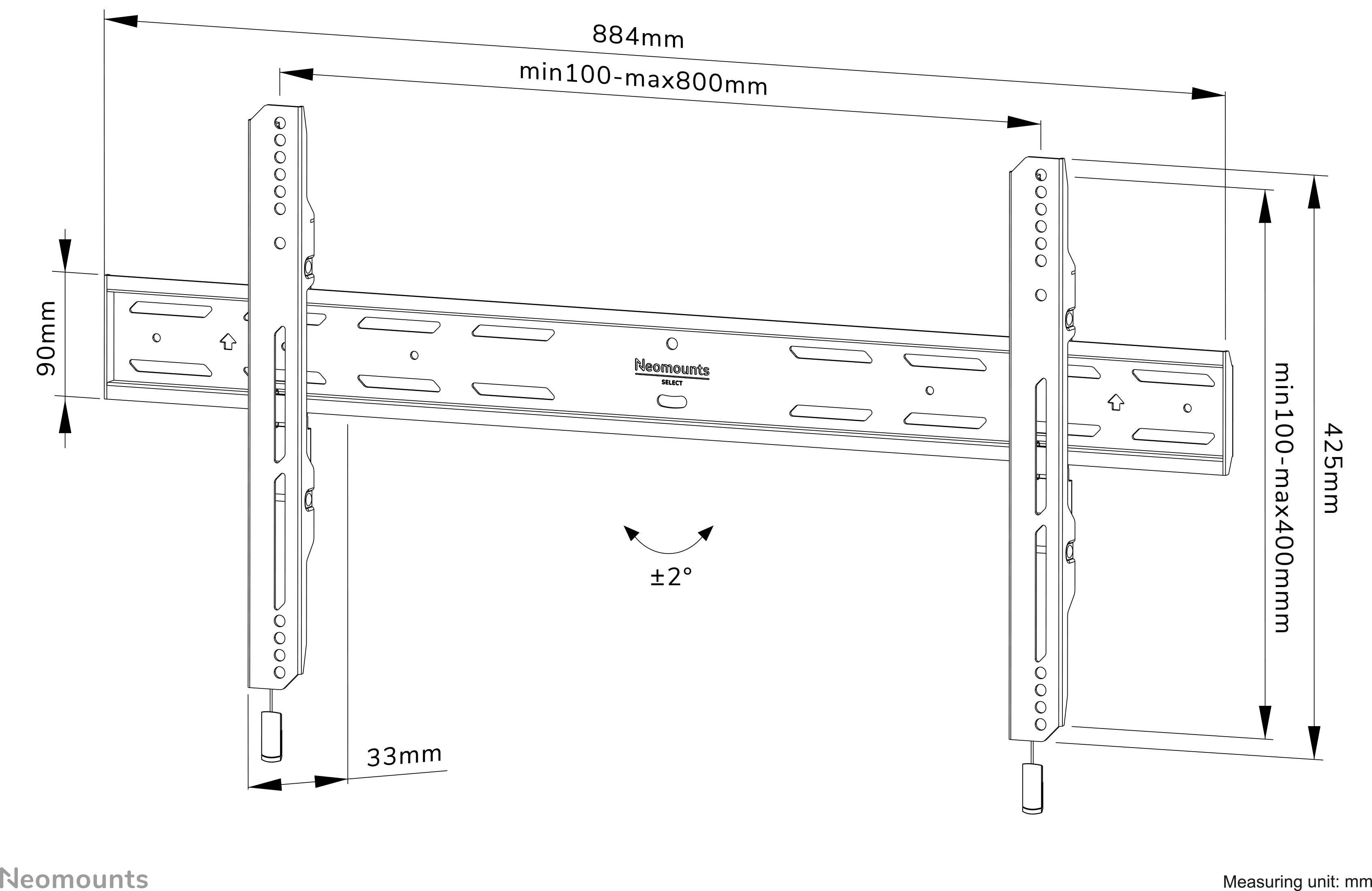 Dessin technique d'un support mural avec dimensions : largeur de 884 mm, hauteur réglable de 90 mm, inclinaison ±2°, hauteur maximale de 425 mm, hauteur minimale de 100 mm.