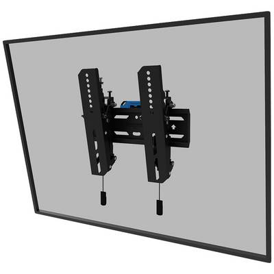 Une fixation murale noire pour téléviseur, montée sur un mur gris, présente des supports réglables et des vis de fixation au premier plan.