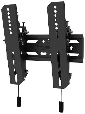 Support mural pour TV Neomounts avec bras réglables noirs, trous de fixation par vis et mécanisme de gestion des câbles.