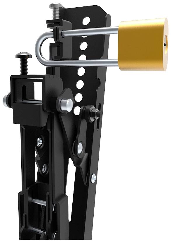 Châssis métallique noir avec un cadenas jaune. Plusieurs vis relient les différentes parties ; adapté pour la sécurisation ou la fixation.