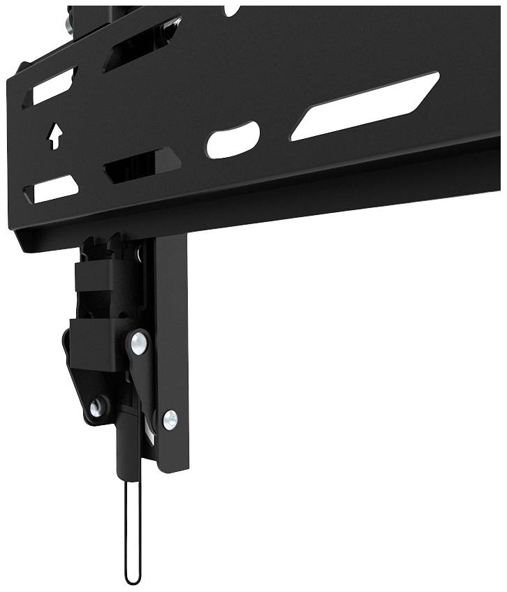 Un support métallique noir avec plusieurs fentes et vis, utilisé dans un contexte technique ou industriel.