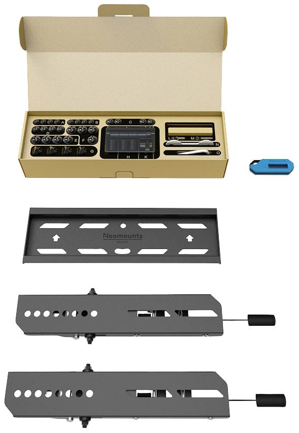 Un kit de montage pour support mural comprenant des vis, des outils et des supports de fixation. Adapté pour la fixation d'écrans sur des murs.