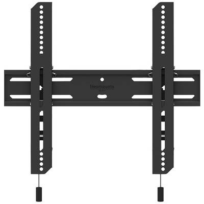 Un support mural noir pour téléviseur, avec des vis et des rails ajustables pour différentes tailles d'écran.