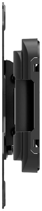 Appareil électronique noir, rectangulaire, avec un boîtier mince, vu de côté. Il présente des éléments disposés verticalement.