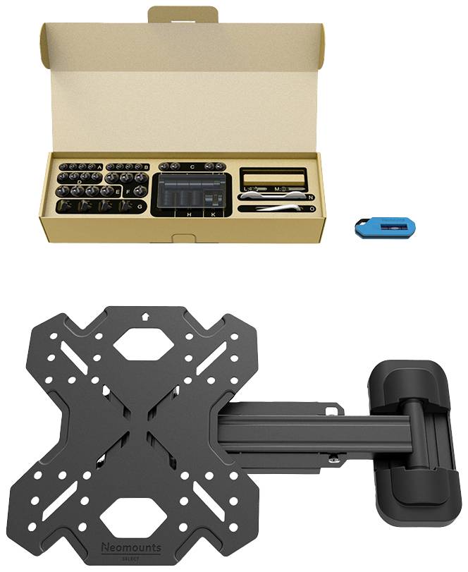 Boîte en carton ouverte présentant un ensemble de vis avec des outils. En dessous, un support mural noir pour téléviseur est illustré.