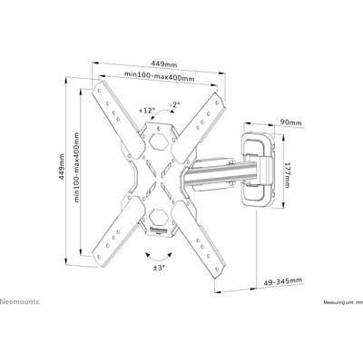 Support TV multifonctionnel de Neomounts avec bras réglable. Dimensions : 449x449 mm. Inclinaison : ±12°, rotation : ±3°. Extensible de 49-345 mm.