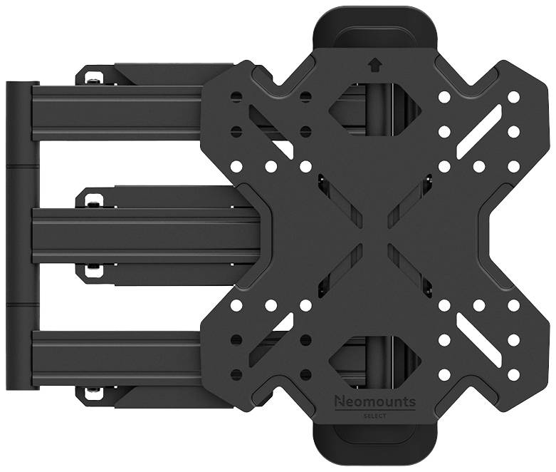 Un bras de support mural noir pour moniteurs ou téléviseurs. Plusieurs articulations et trous de vis permettent une fixation flexible.