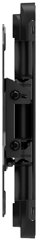 Vue latérale d'un appareil noir mécanique ou électronique composé de plusieurs composants et articulations.