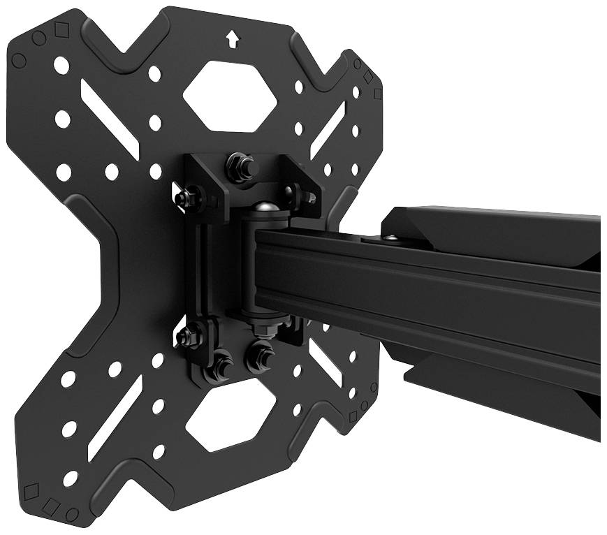 Support mural TV noir avec bras ajustable, permettant un positionnement flexible et un maintien stable d'un écran contre le mur.