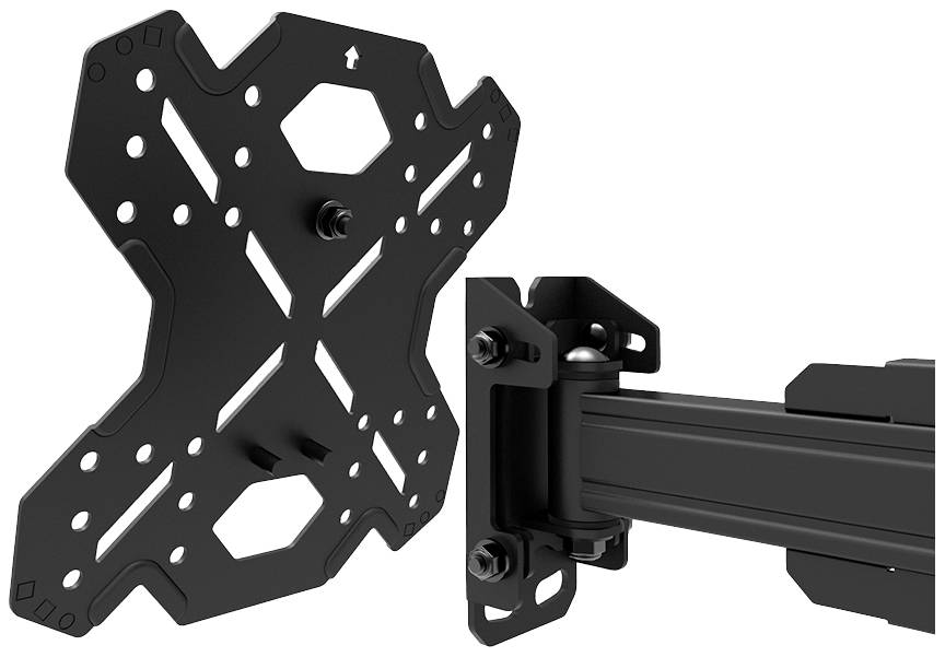 Support mural TV noir avec bras articulé et motif multi-fixations pour fixation par vis, adapté à différents types d'écrans.