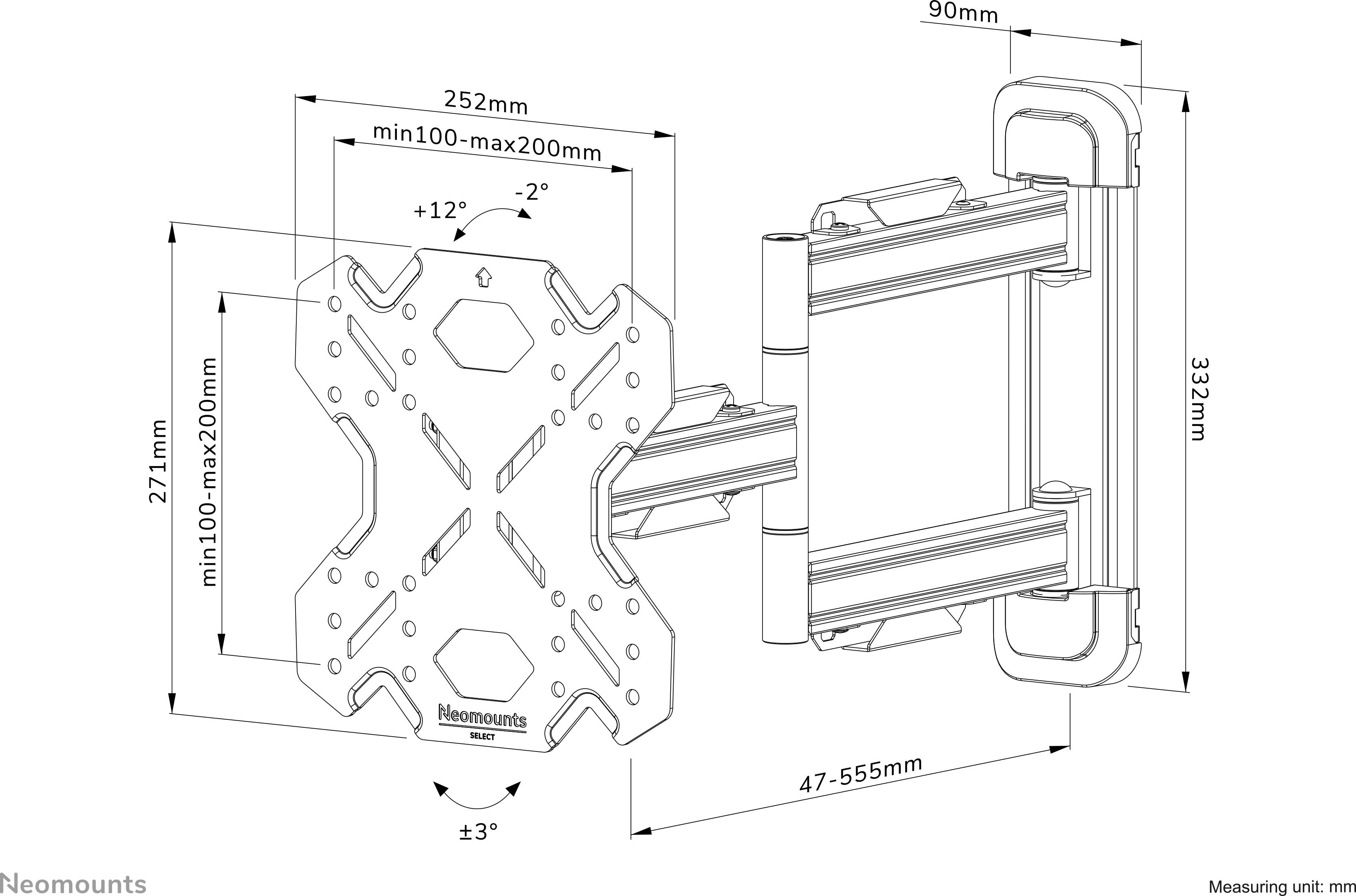 Dessin technique d'un support mural mobile pour téléviseur avec dimensions et angles d'inclinaison. Comprend des indications sur la largeur, la hauteur et la profondeur.
