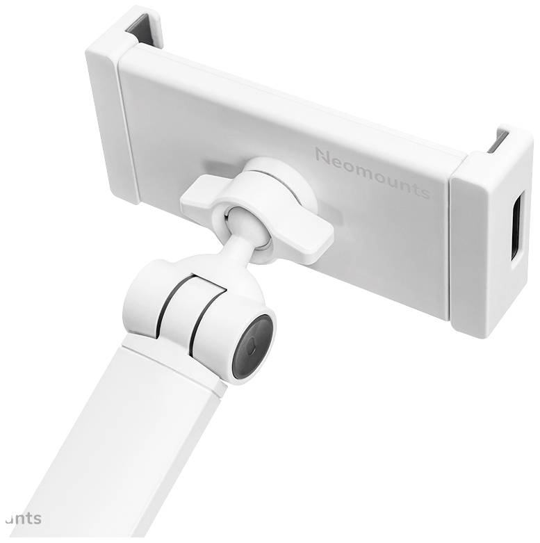 Un support de téléphone blanc avec bras articulé flexible et pince, adapté à différentes tailles de smartphones. Idéal pour une fixation sur des surfaces planes.