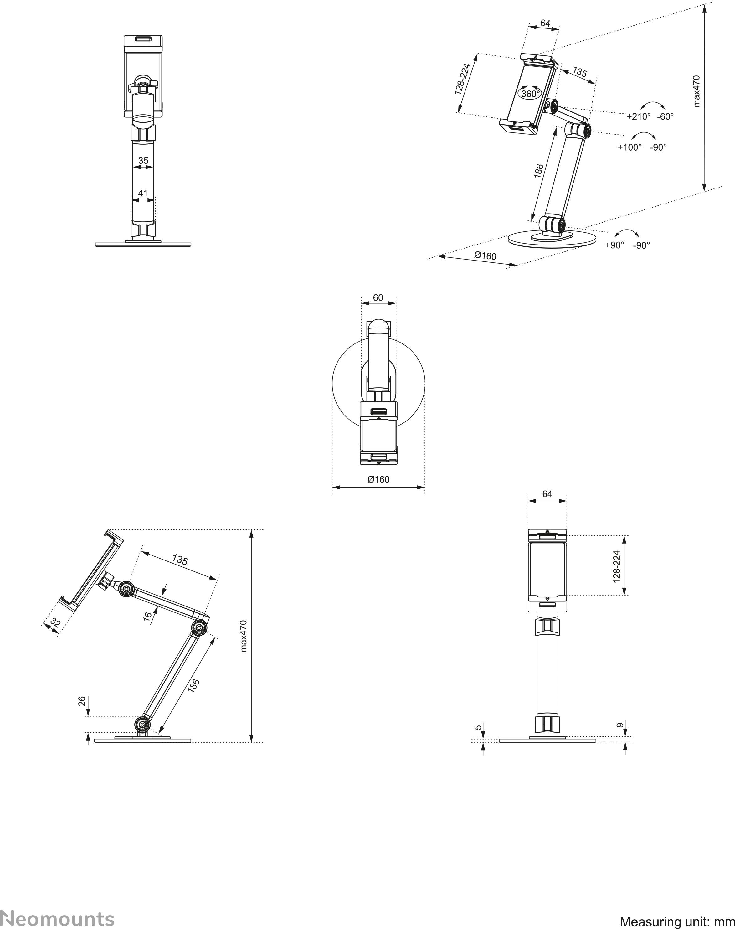 Dessin technique d'un bras de moniteur réglable avec des dimensions en millimètres, montrant différentes vues et angles d'inclinaison.
