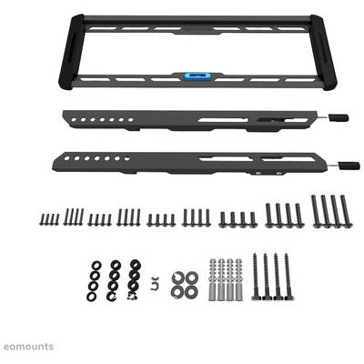 Instructions de montage pour support TV : cadre, supports, vis et chevilles de différentes tailles pour fixation murale.