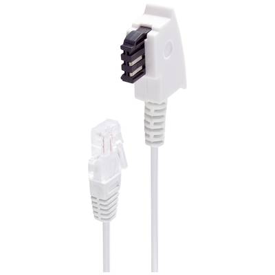 Un câble téléphonique blanc avec une fiche RJ-11 et un adaptateur modulaire, adapté pour la connexion de ligne téléphonique.