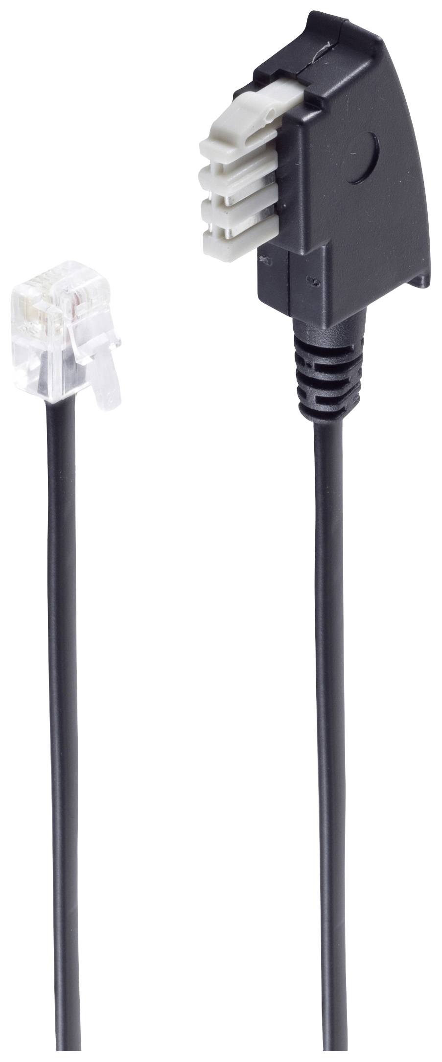 Câble téléphonique noir avec fiche RJ11 et fiche TAE-F, utilisé pour connecter les téléphones fixes à la prise téléphonique.