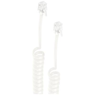 Un câble téléphonique blanc spiralé avec deux fiches transparentes.