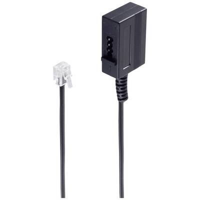 Un câble adaptateur téléphonique noir avec fiche RJ11 et connecteur RJ11 rectangulaire. Adapté pour les connexions téléphoniques.