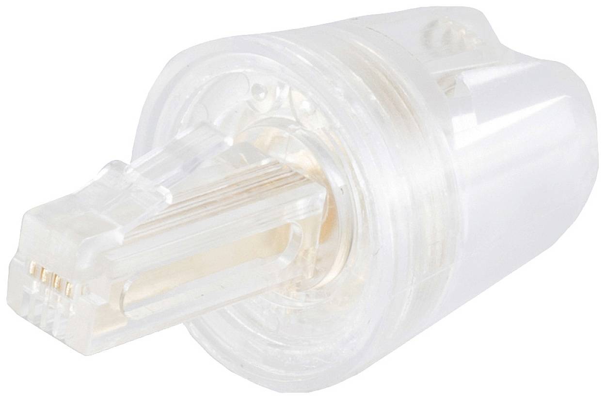 Une fiche en plastique transparent avec des contacts en cuivre, probablement une fiche de câble électronique ou réseau.